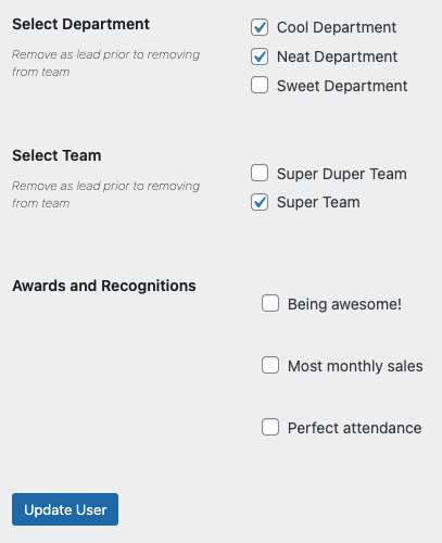 Departments and Accolades Plugin view