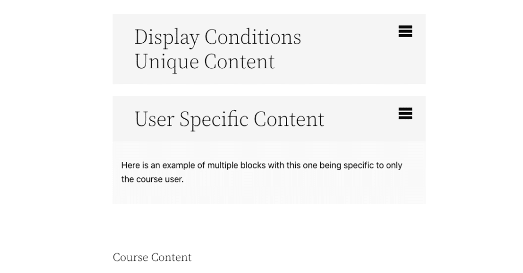 Content specific for user within a course