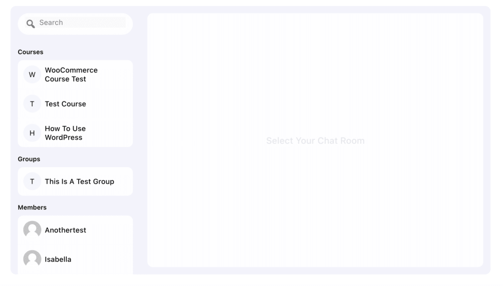 Private Messaging for LearnDash chat selection screen.