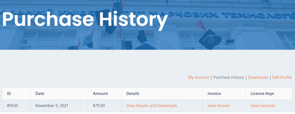 Purchase History when searching for license keys for activating your license.