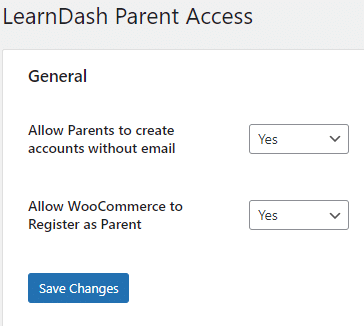 Parent & Student Access for LearnDash general settings view.