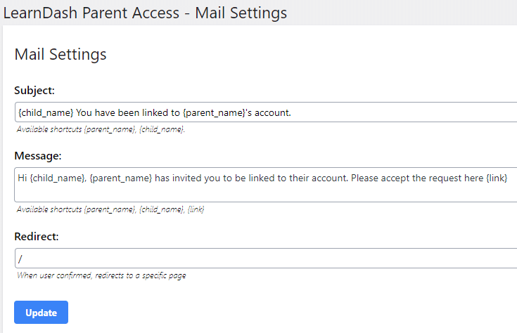 Parent & Student Access plugin confirmation email settings.