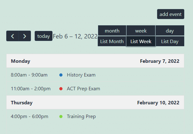 Events Calendar for LearnDash list week view.