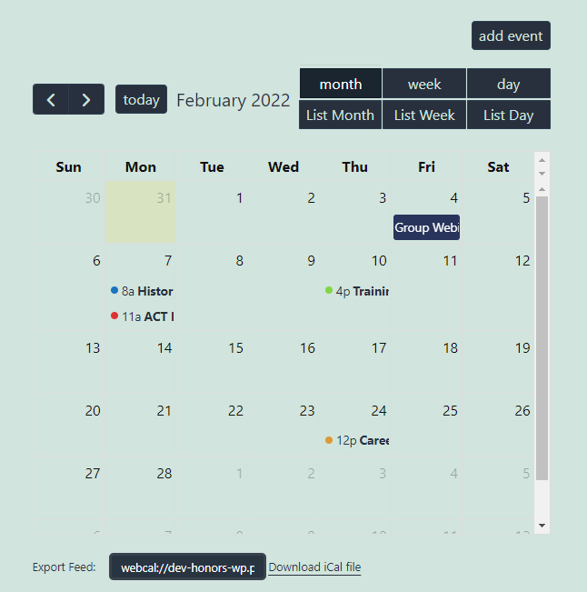 Calendar view after applying the shortcode.