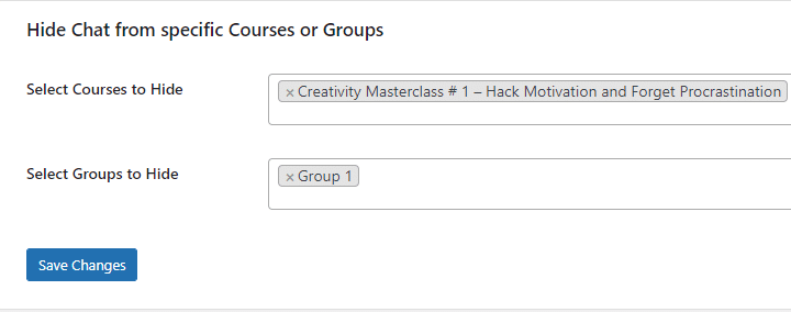 LearnDash messaging hide from specfic courses or groups screenshot.