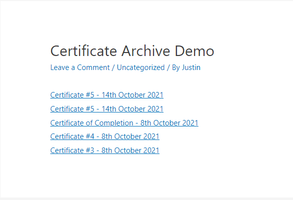 Certificate Archive for LearnDash showing LearnDash certificates on the frontend of a WordPress page.