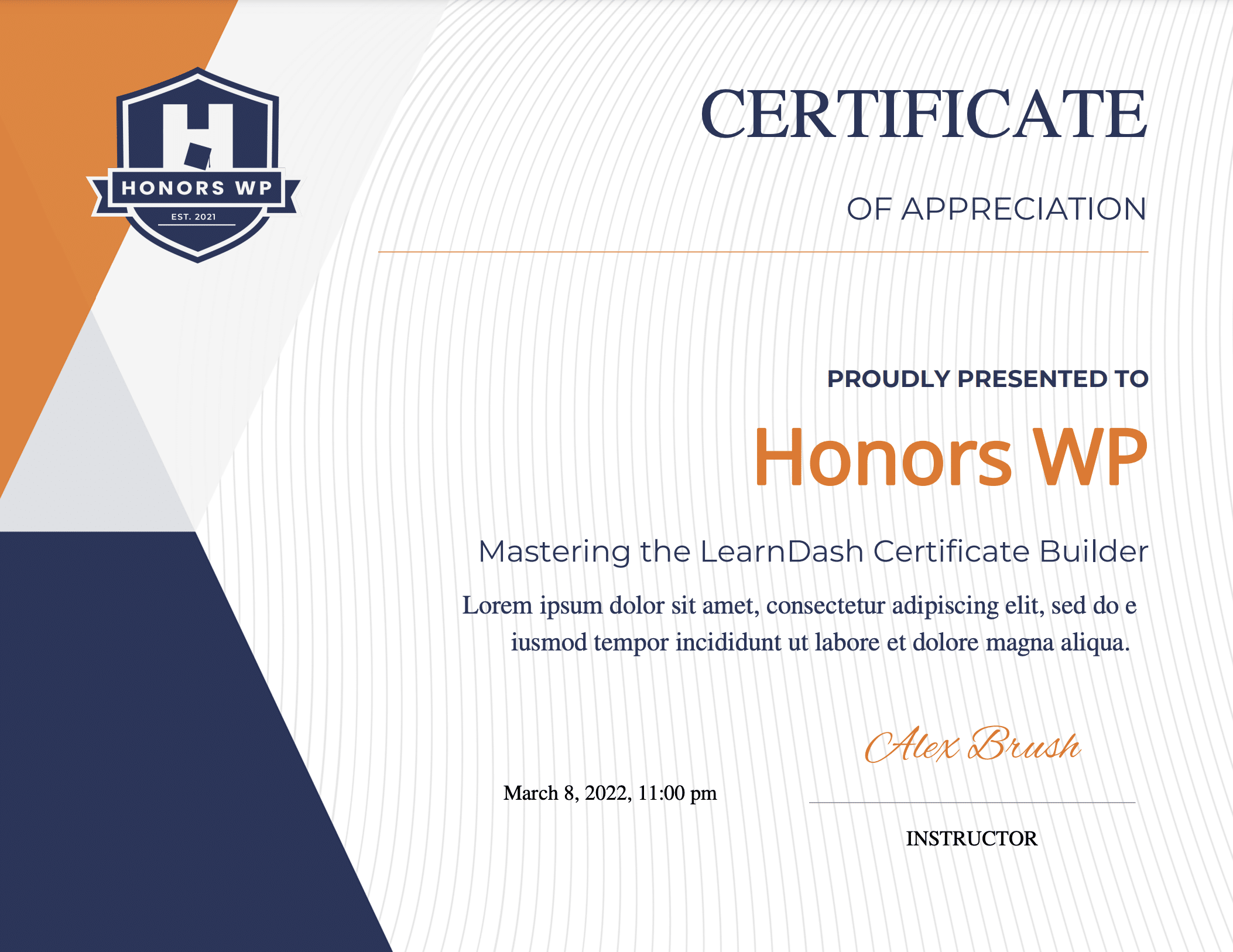 LearnDash certificate template created by Honors WP.