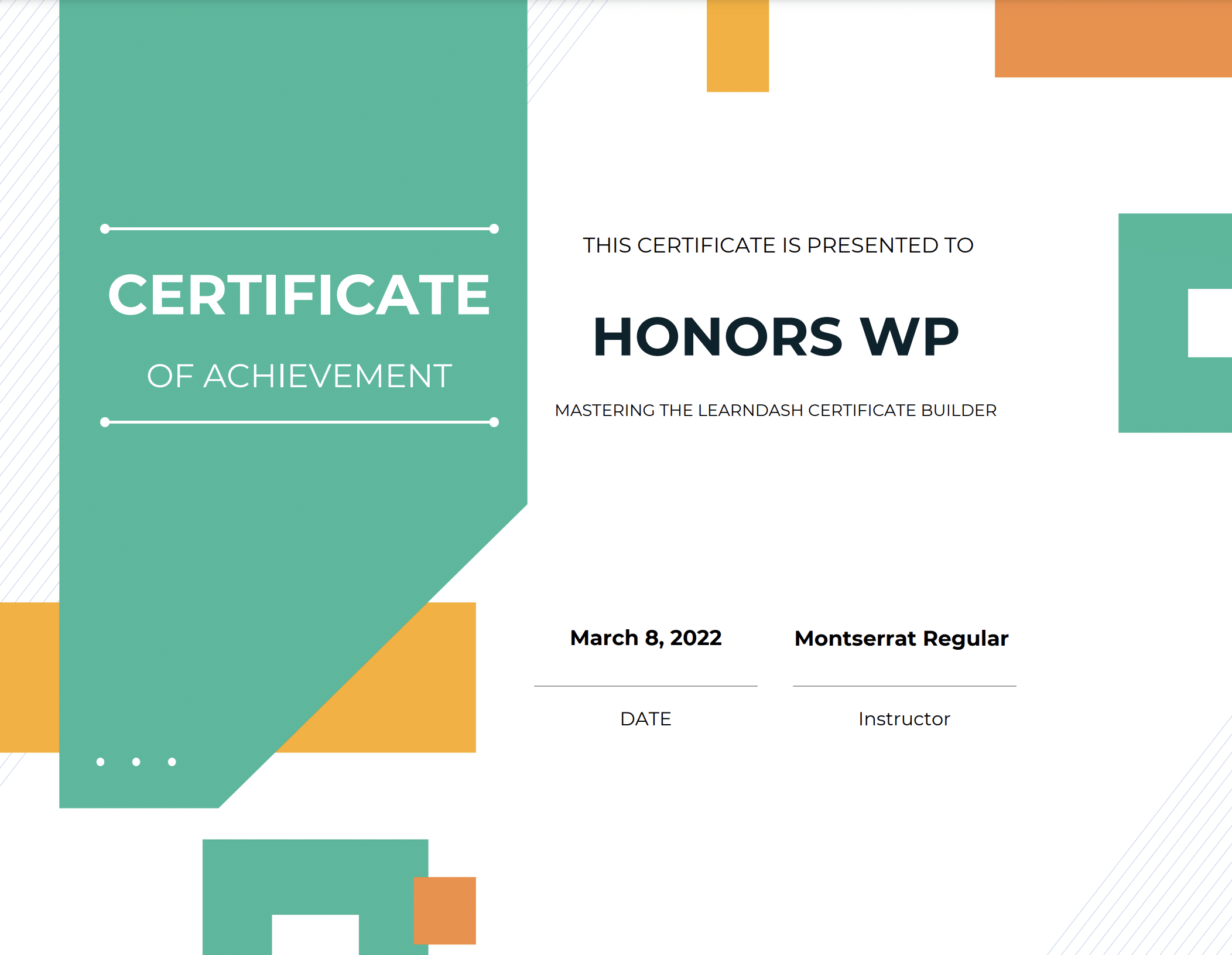 LearnDash certificate created by the Honors WP team.