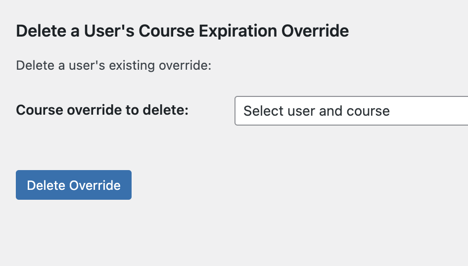 LearnDash course extensions detle a user's course expiration override.