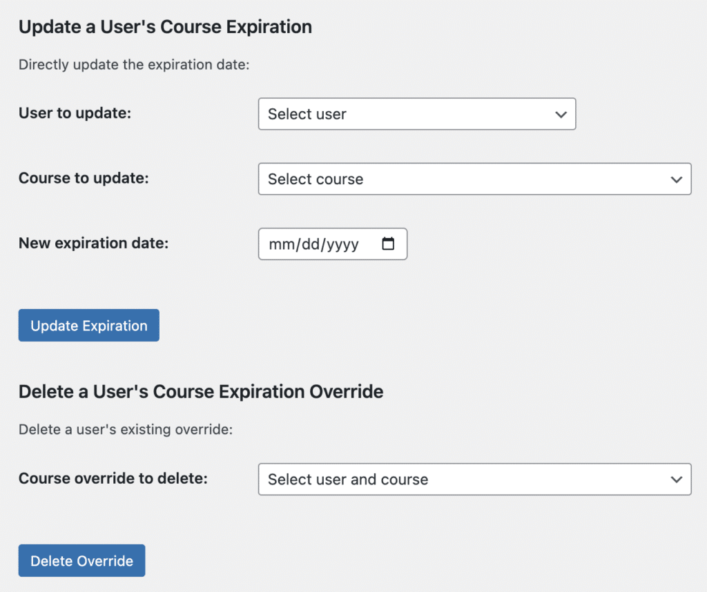 LearnDash course extensions user update view.