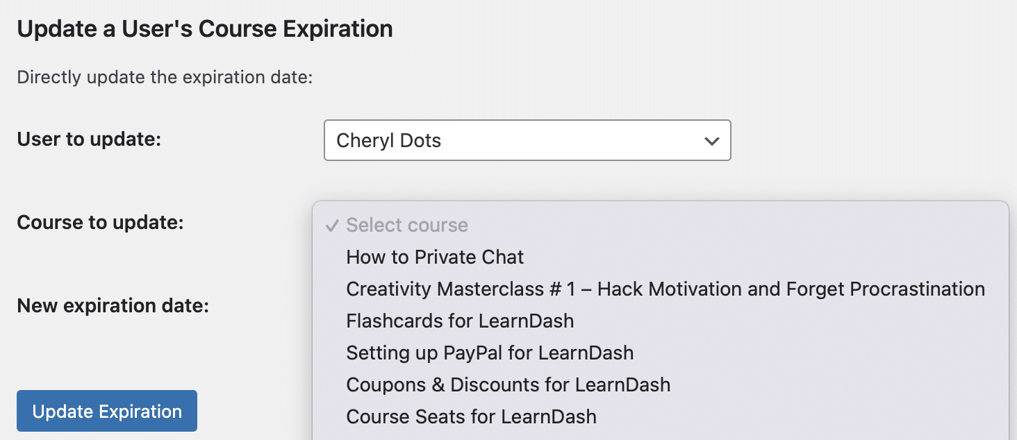 Course Extensions for LearnDash updating a user's course.