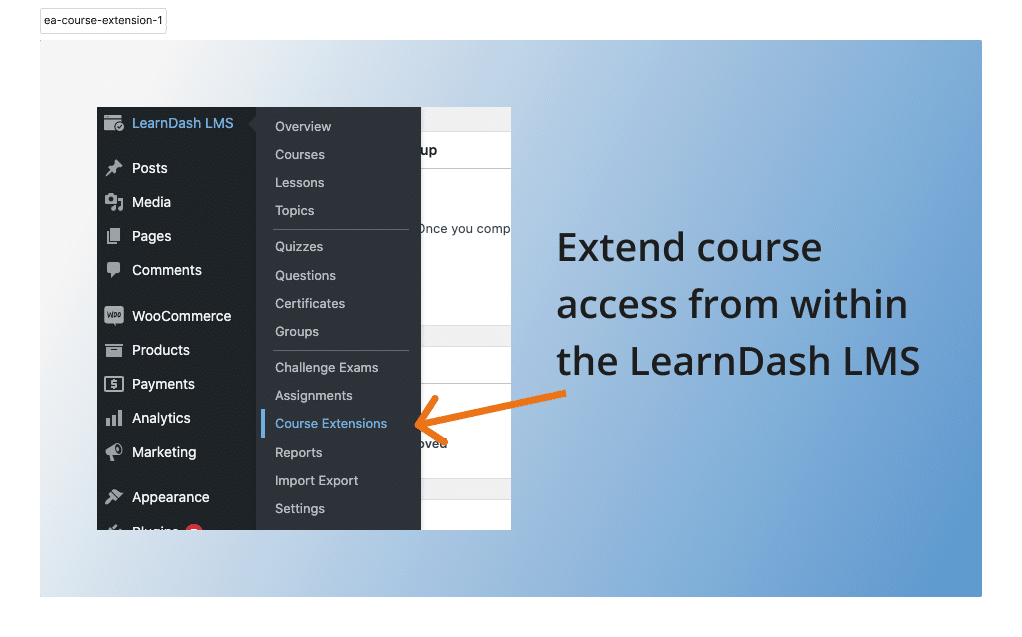 Course Extensions for LearnDash tab on the WordPress admin sidebar.