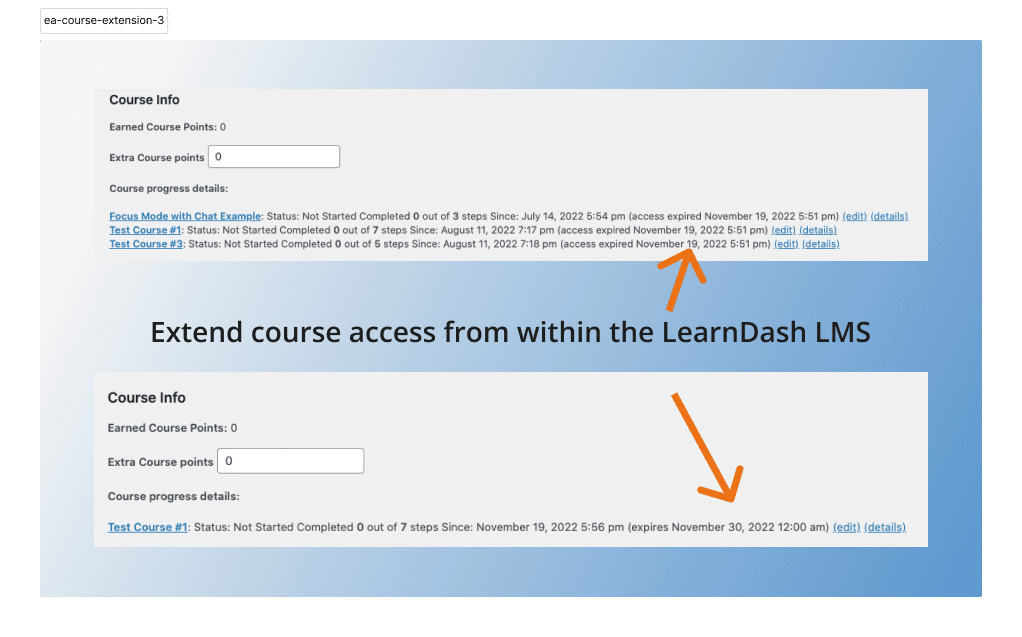 Course Extensions for LearnDash access shown on user's profile.