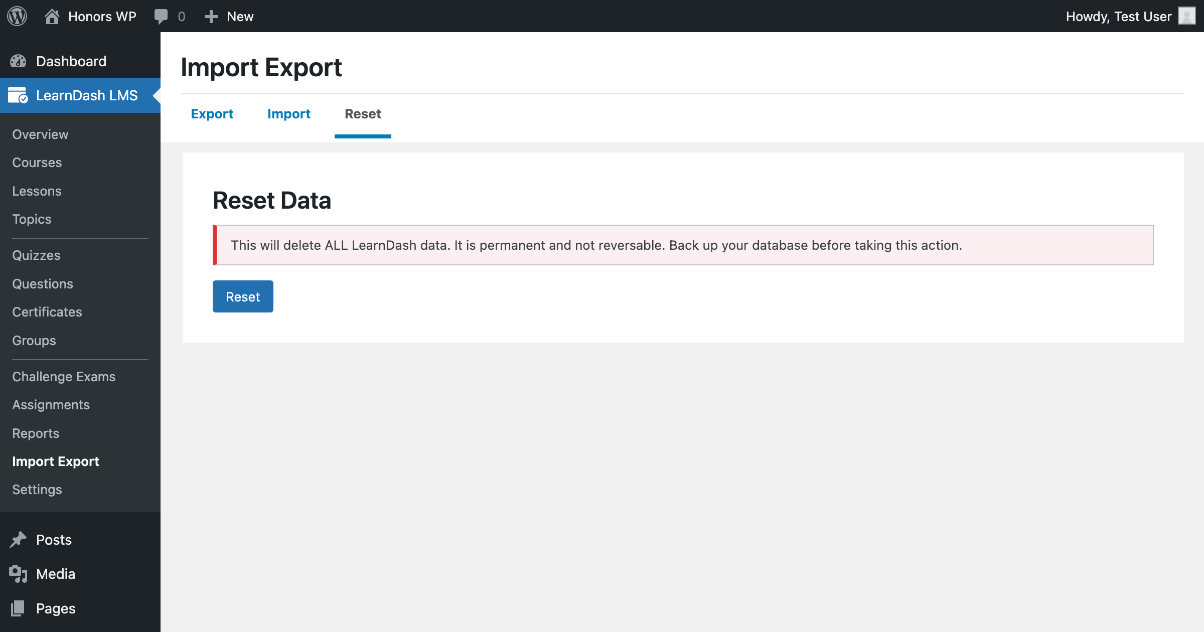 Import & Export Tool for LearnDash reset data tab view.