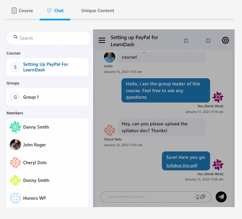 LearnDash chat plugin displaying courses, groups, and chat users.