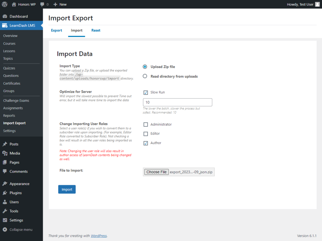 Import & Export Tool for LearnDash import data menu.