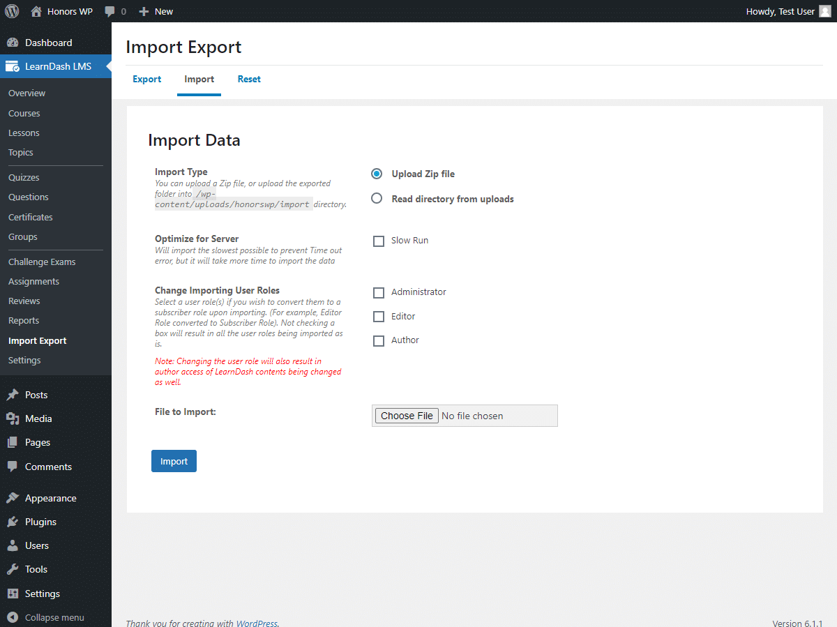 Import & Export Tool for LearnDash import menu.