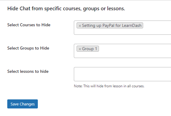 Messaging for LearnDash hide chat from specfic courses, lessons, and groups setting.