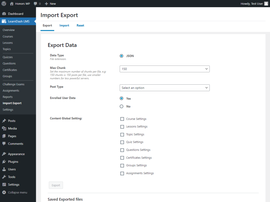 Import & Export Tool for LearnDash main plugin menu in WordPress admin.