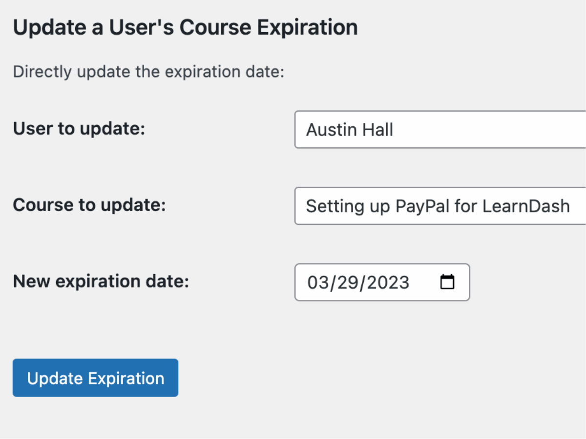 Course Extensions for LearnDash updating a user's LearnDash course expiration date.