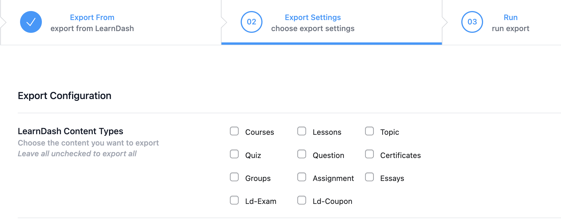 LearnDash export settings and LearnDash content types selections.