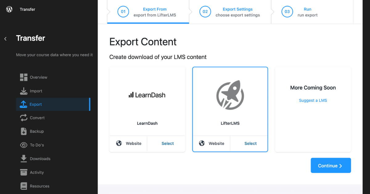 LifterLMS export menu for Transfer plugin.