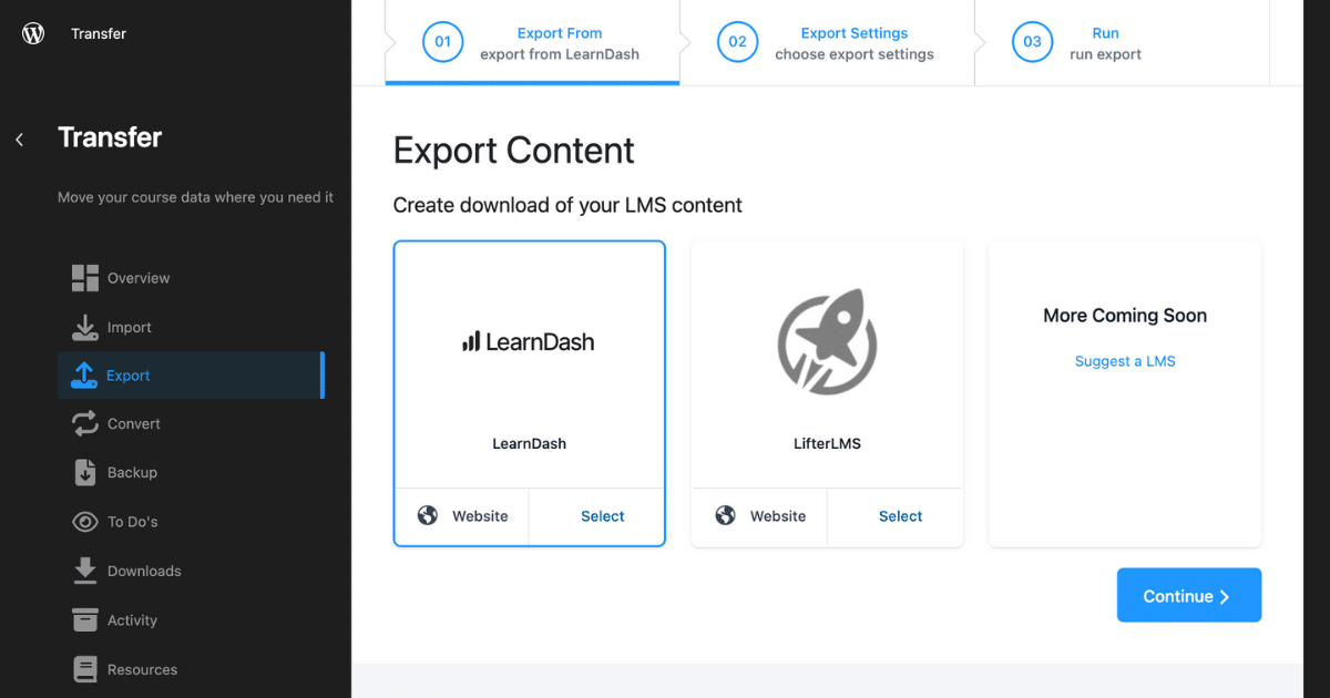 Transfer export menu for LearnDash.