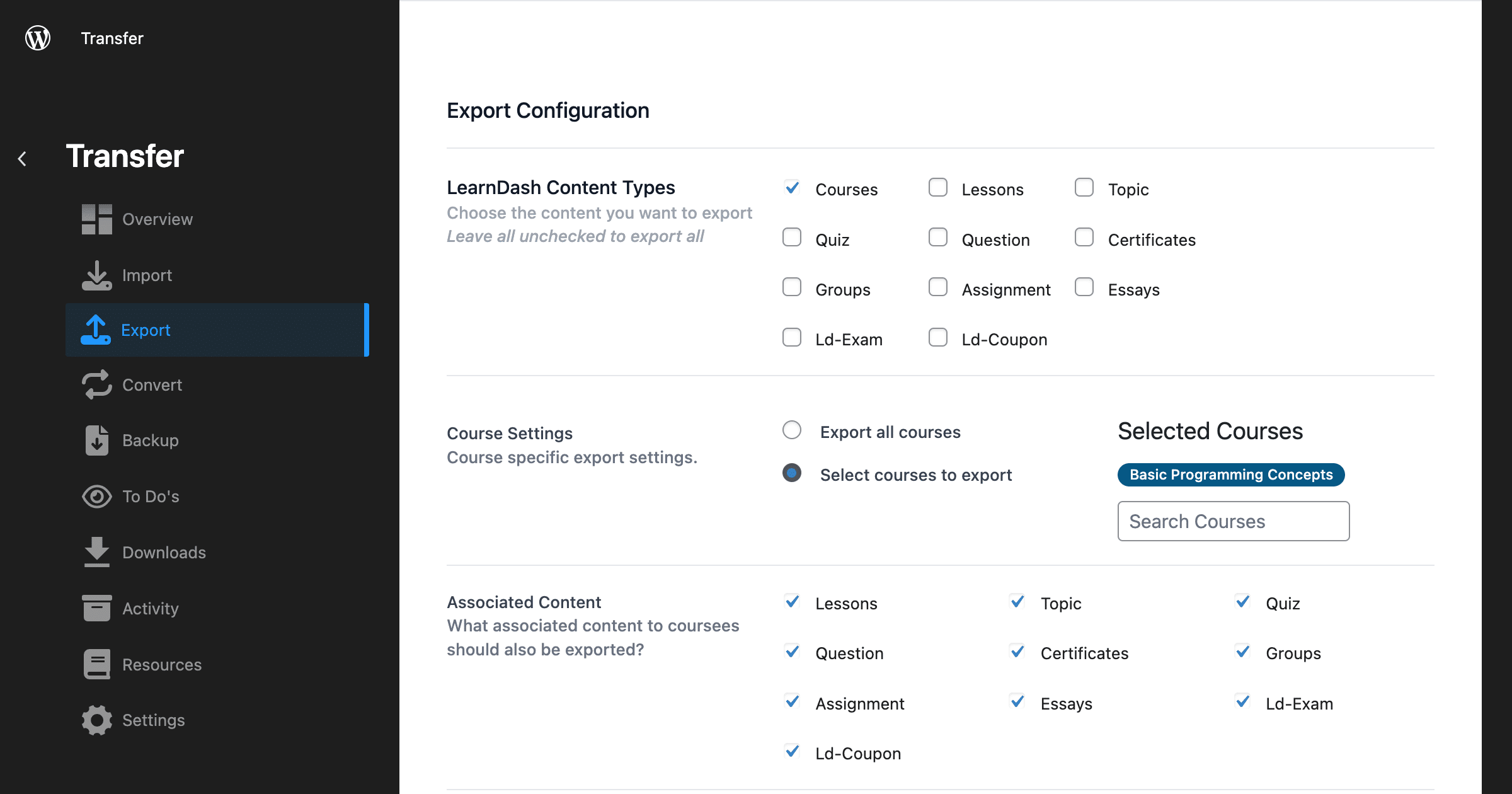 LearnDash content type, LearnDash course settings, and associated content.