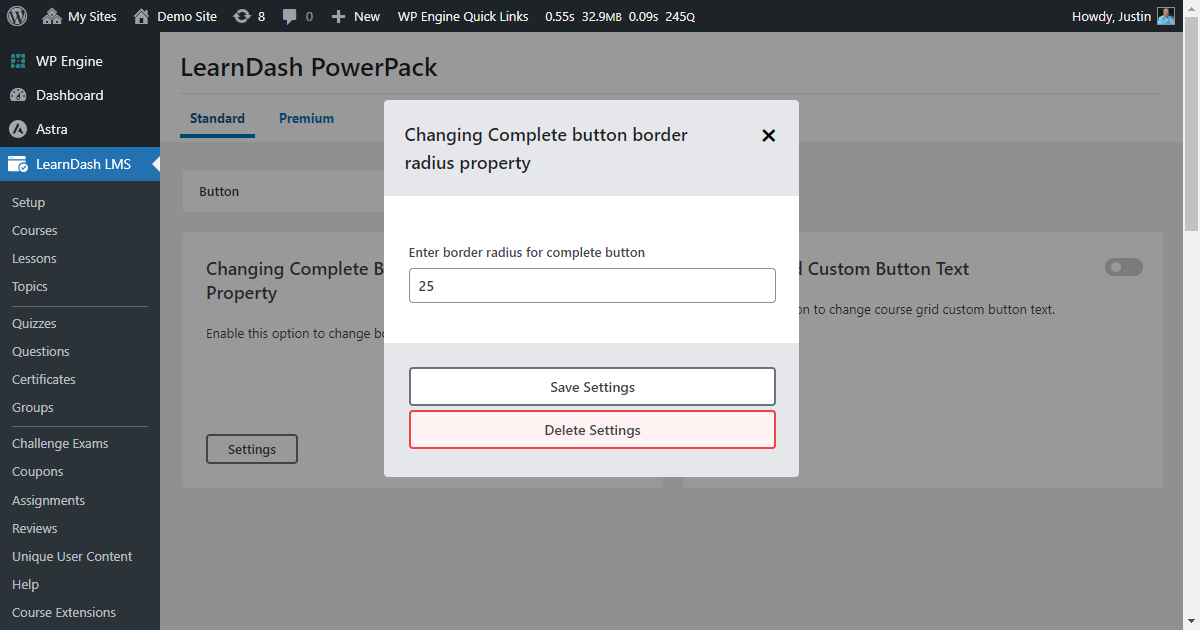 LearnDash PowerPack plugin changing the complete button border radius property.
