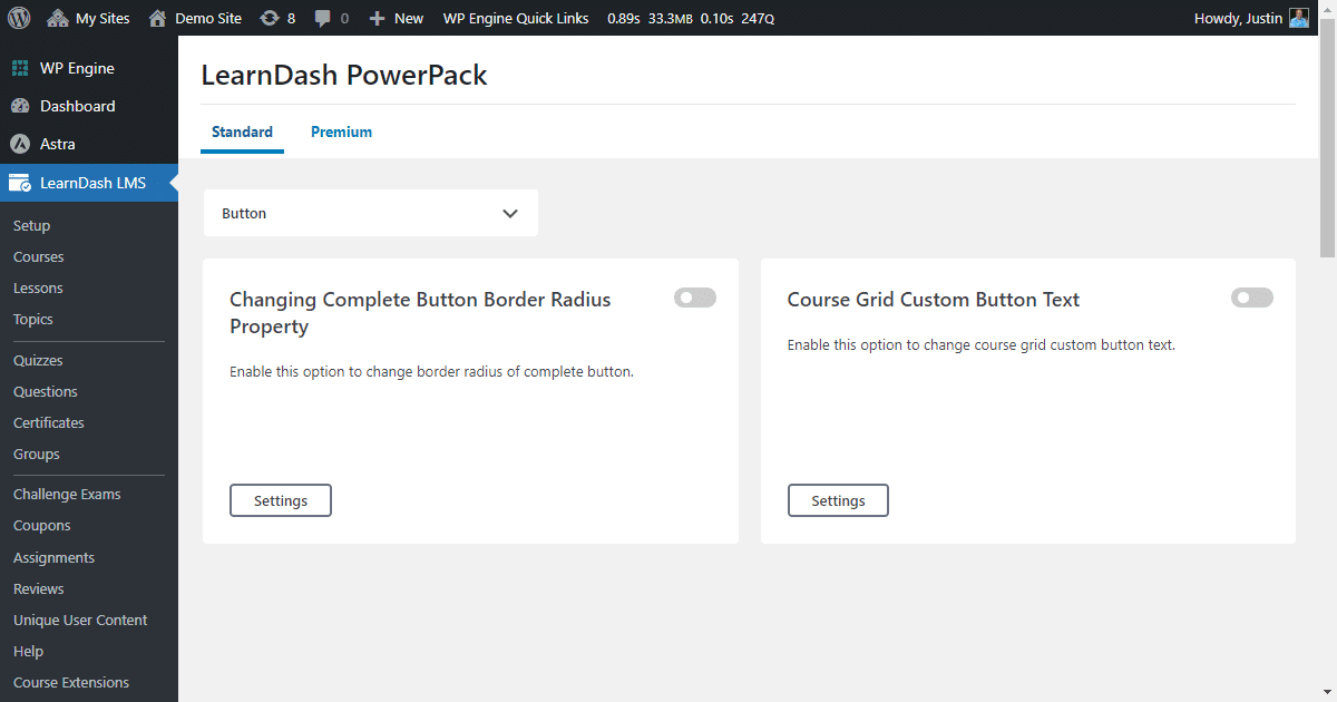 LearnDash PowerPack button settings.