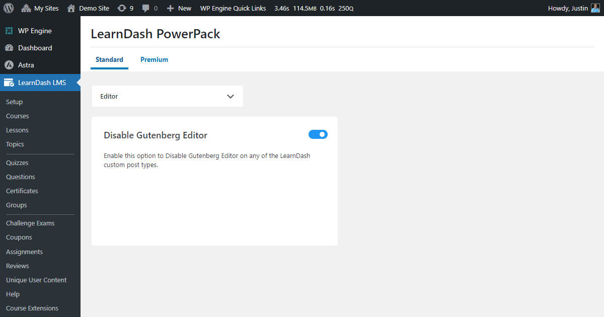 LearnDash PowerPack editor settings.