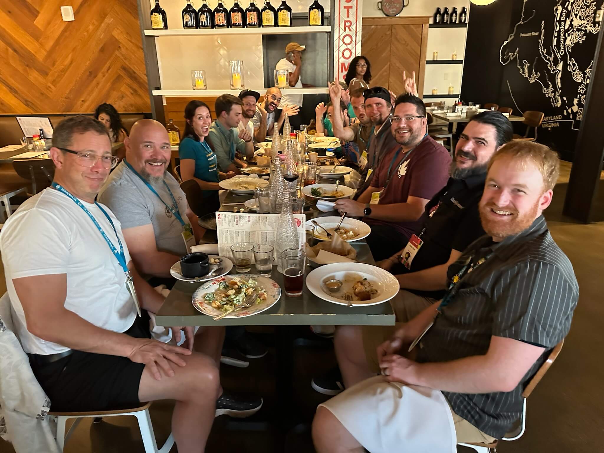 Members of the WordPress community having dinner at WordCamp U.S. 2023.
