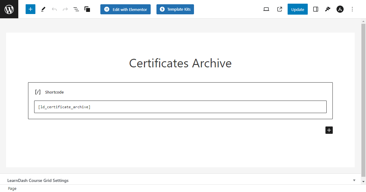 Certificate Archive for LearnDash shortcode being applied on a WordPress page.