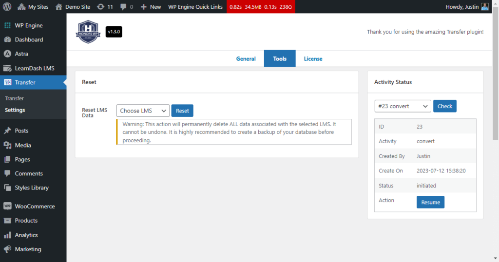 Transfer tool menu showing LearnDash content import status.