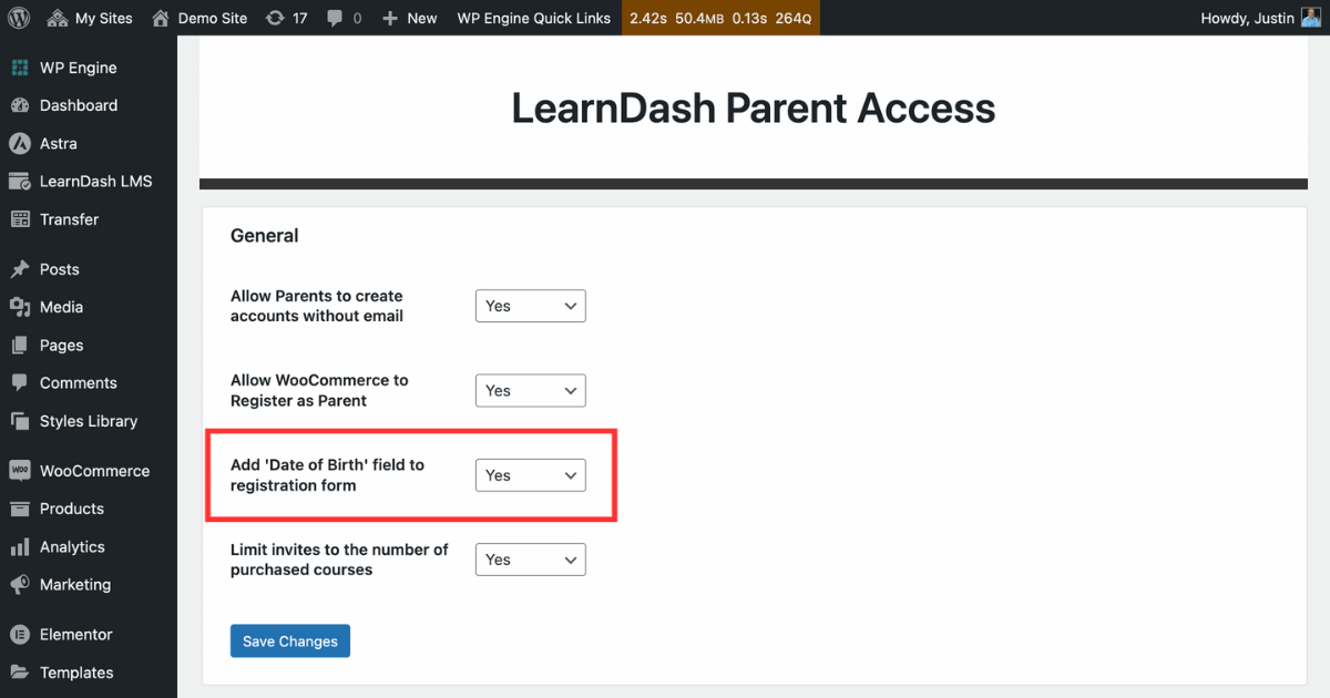 Parent & Student Access for LearnDash settings page in the WordPress admin area.