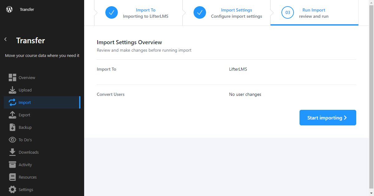 Transfer plugin displaying import settings.