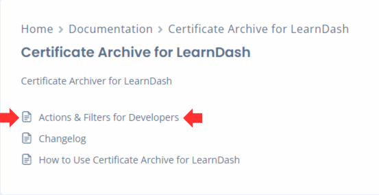 Certificate Archive for LearnDash plugin documentation showing the WordPress Actions and WordPress Filters article.