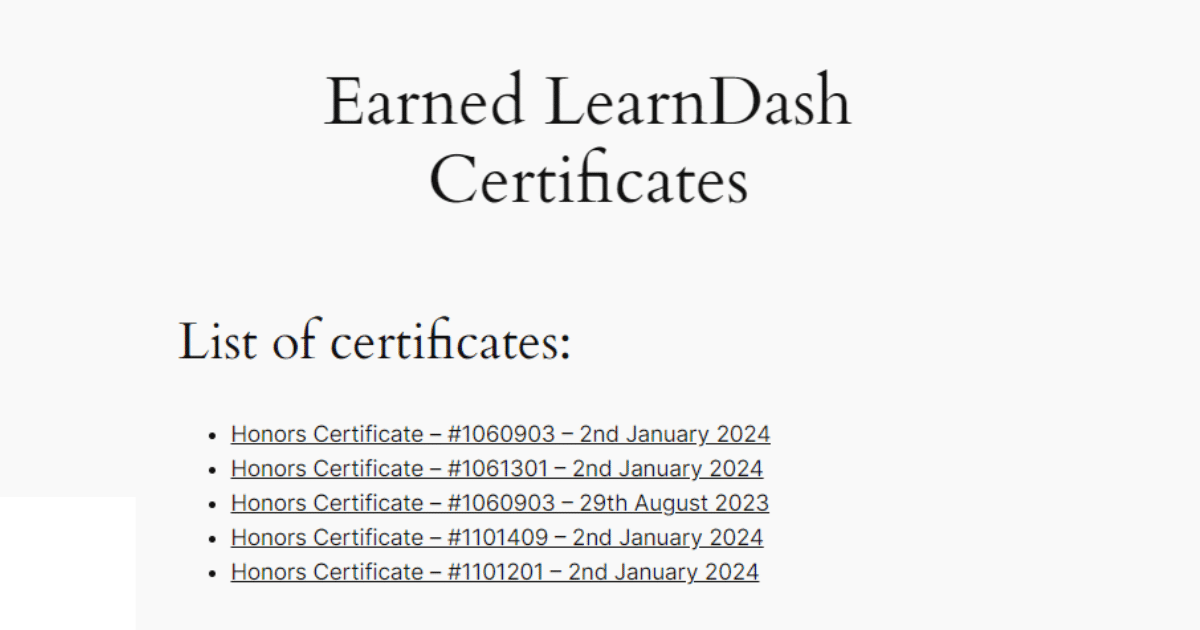 Earned LearnDash certificates being displayed using the Certificate Archive for LearnDash plugin.