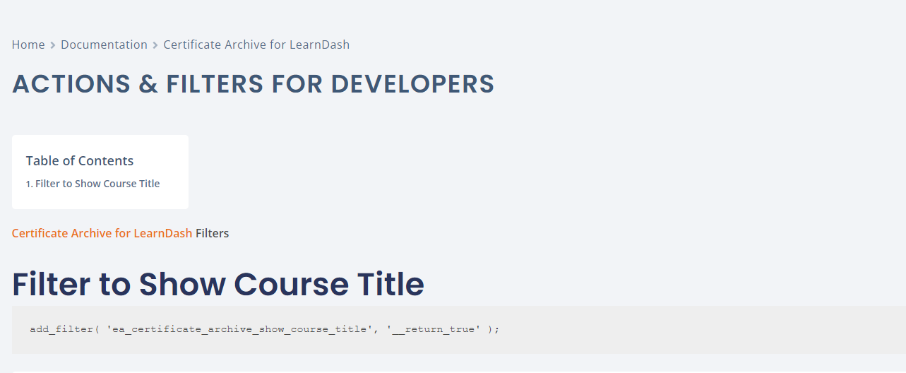 Certificate Archive for LearnDash documentation article for applying WordPress filters.