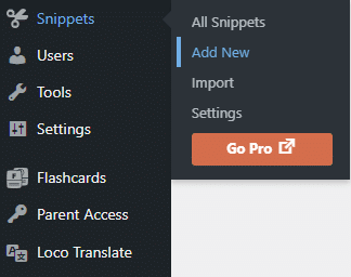 WordPress admin dashboard showing Code Snippets plugin to apply WordPress filters to site.