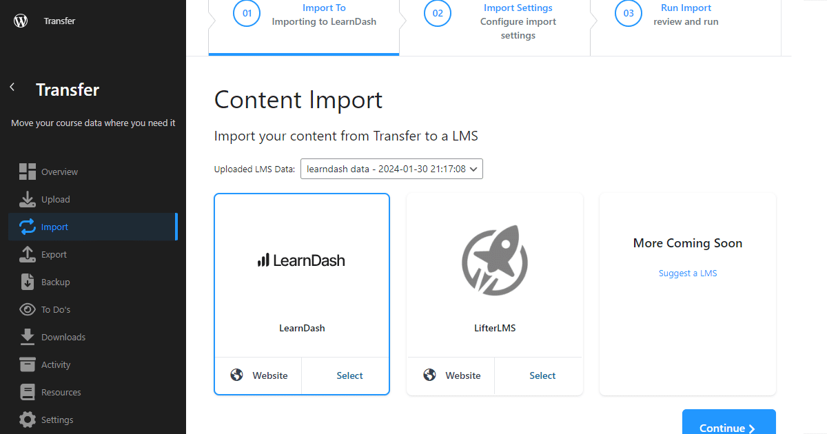 Transfer LearnDash content import menu.