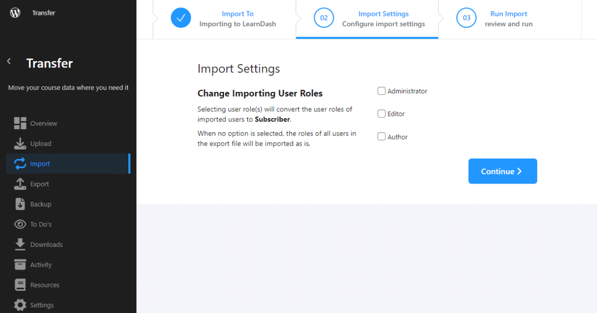 Transfer settings for importing LearnDash users.