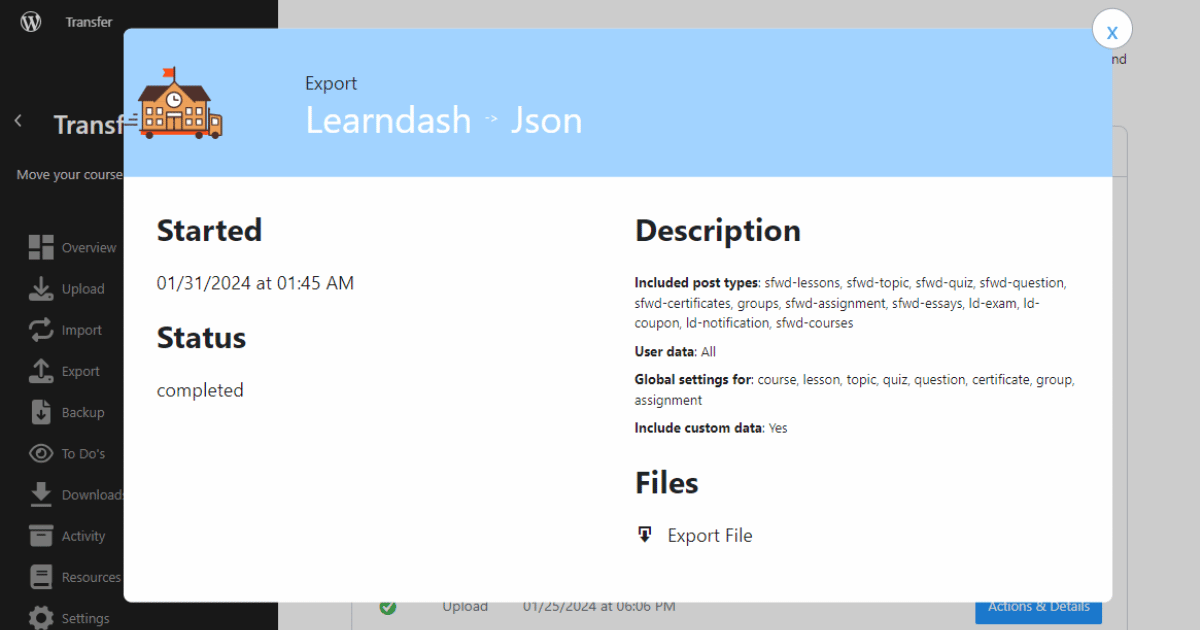Successful LearnDash export file generation message window.