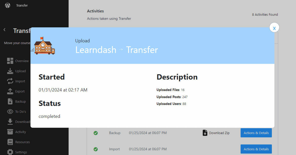 Transfer upload task completion pop-up window.