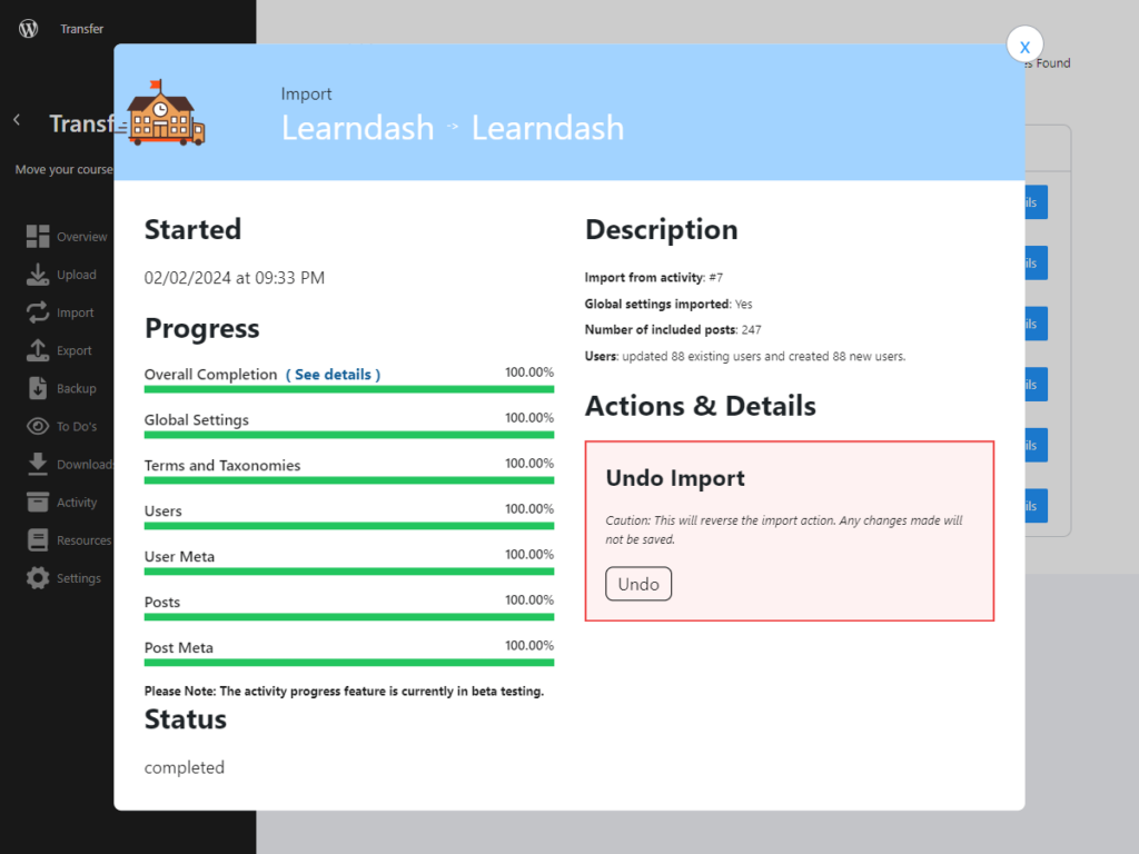 Transfer LearnDash import process showing completed status.