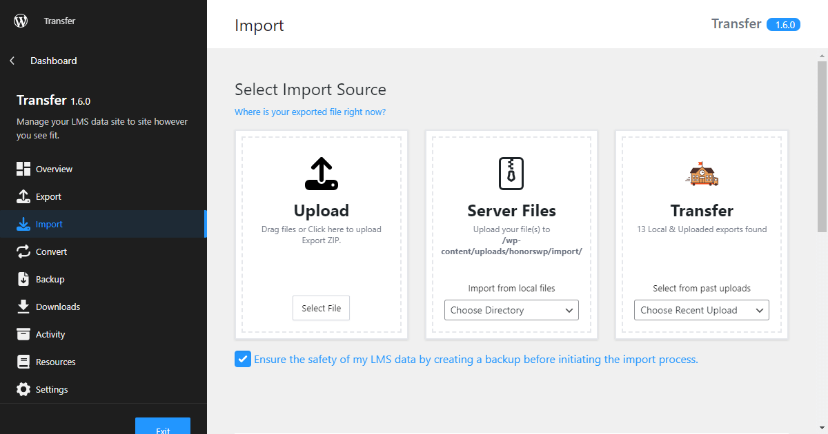 WordPress Transfer plugin import source selection menu.