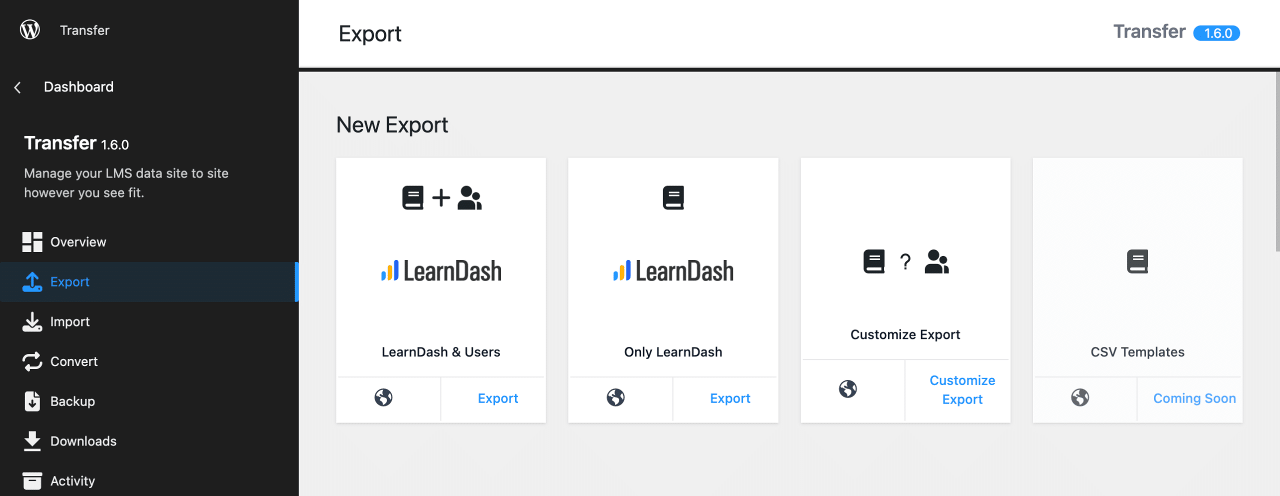 Transfer LearnDash export menu.
