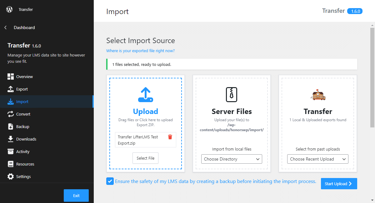 Transfer upload menu depicting LifterLMS export file for migration.